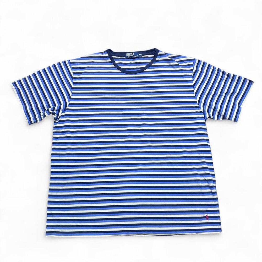 Polo Ralph Lauren Vintage 90s Blue 100% Cotton Striped Tee T-Shirt XXL